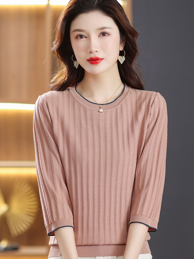 T-shirt women's spring and summer new round neck Korean version loose casual three-quarter sleeves short ice silk thin knitted women's tops for outerwear