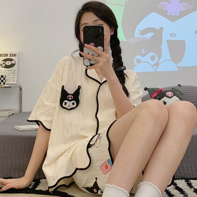 ins風網紅睡衣女夏季短袖開衫公主風睡衣女夏天寬鬆純欲風居家服