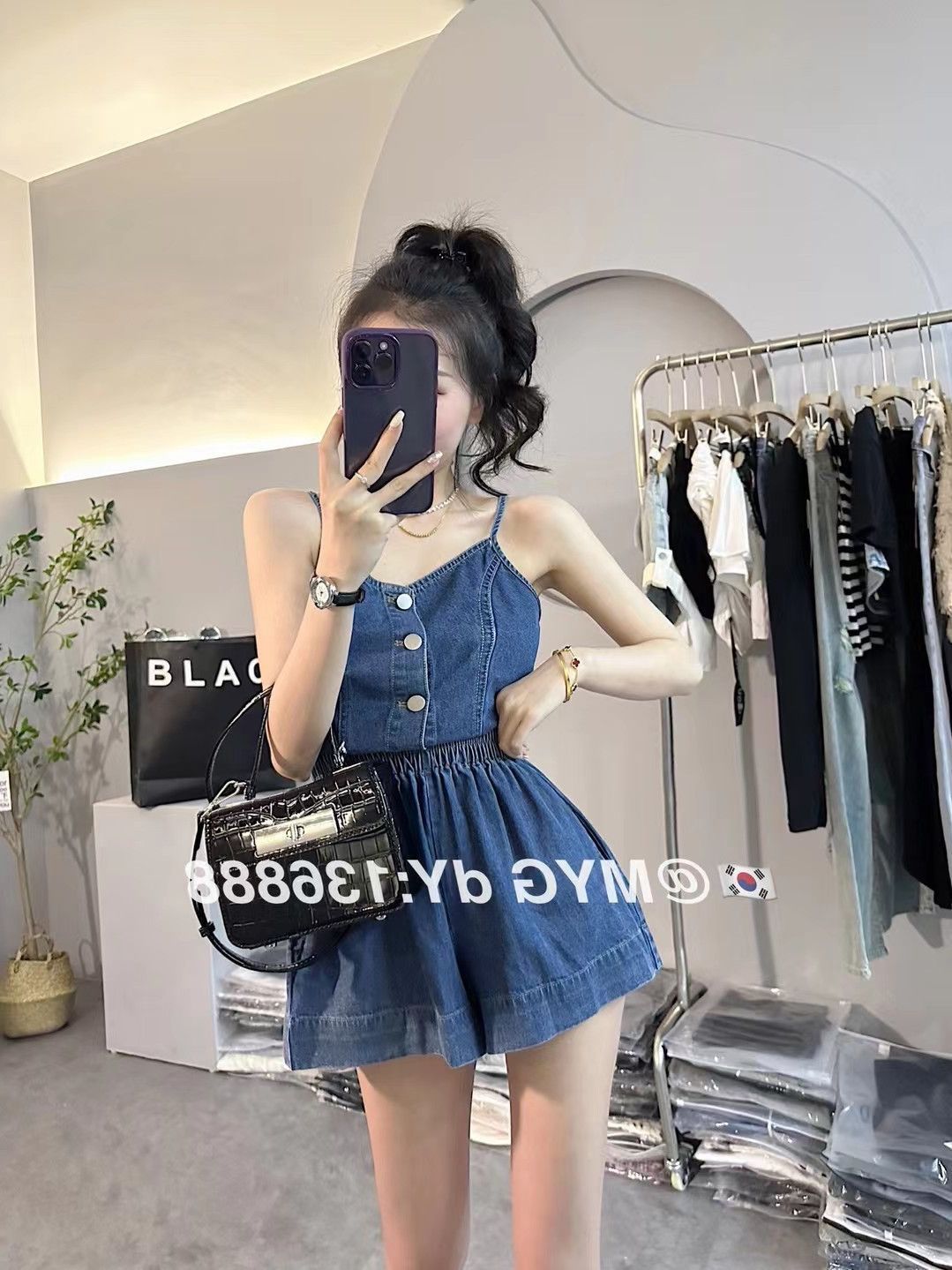 2023 summer new Korean style chic design suspender top + foreign style elastic waist denim shorts suit for women