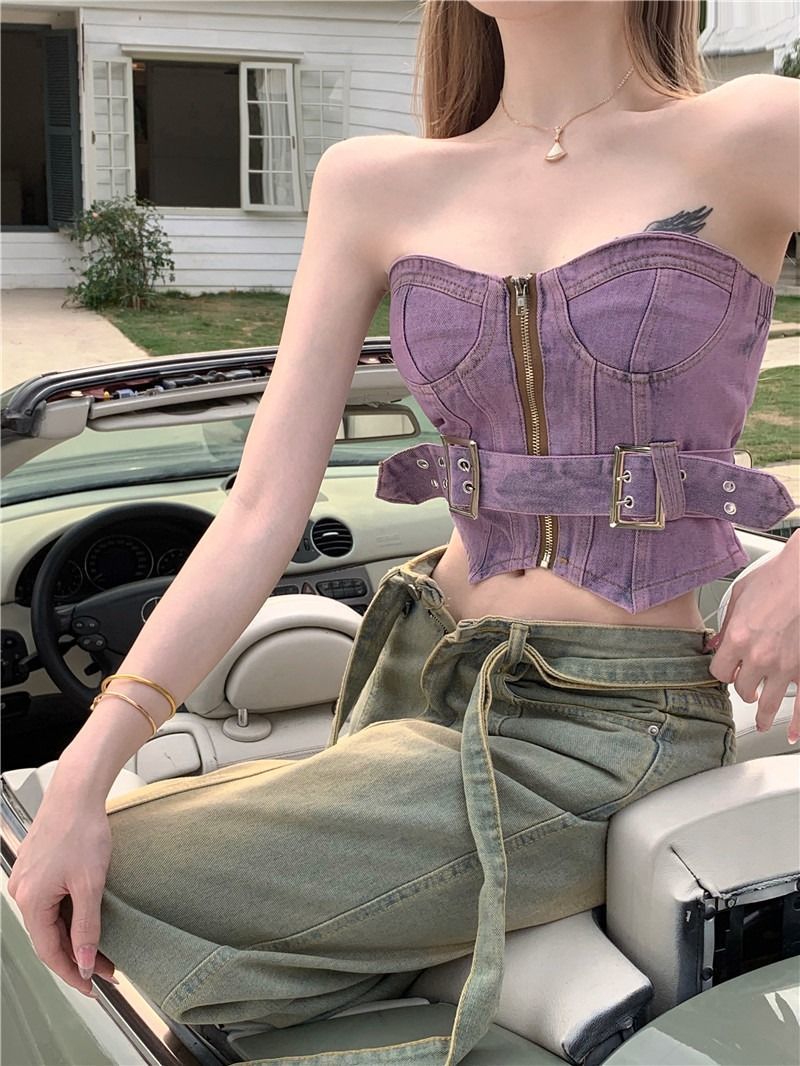 Hot girl retro denim chest vest female summer design niche ins purple corset sexy tube top