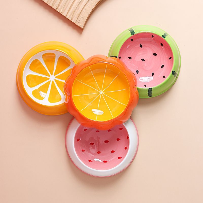 Cat Bowl Ceramic Cat Food Plate Anti-Tip Cute Fruit Pattern Drinking Water and Food 2-in-1 Pet Dog Food Bowl