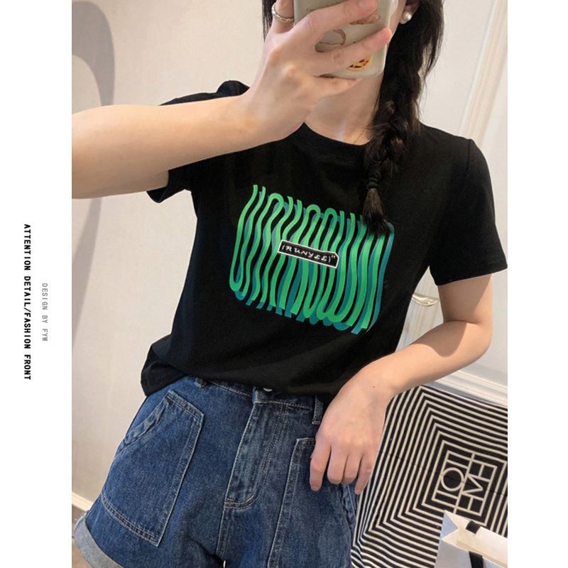 Slightly fat mm large size short-sleeved t-shirt girls summer t-shirt self-cultivation thin printed shoulder hot girl short tops