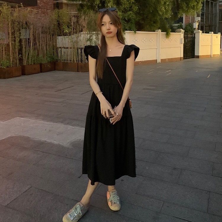  Black Feifei Sleeves Square Neck Dress Small Versatile Back Slimming Waist Slim Tea Break A-Line Skirt