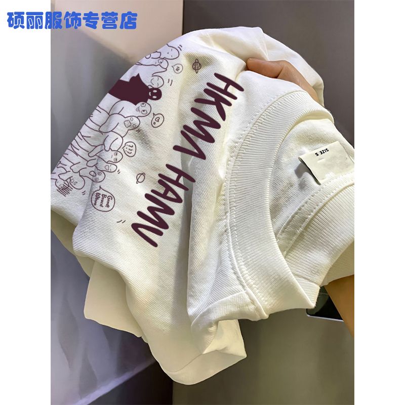 Heavy 100% cotton white letter printed short-sleeved T-shirt for men and women summer student trendy loose retro top