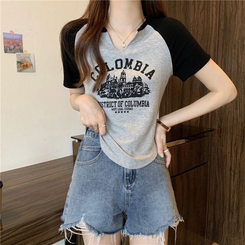 Ins tide cool high street short-sleeved shoulder t-shirt summer fat sister design sense tops women's hot girls fried street big size