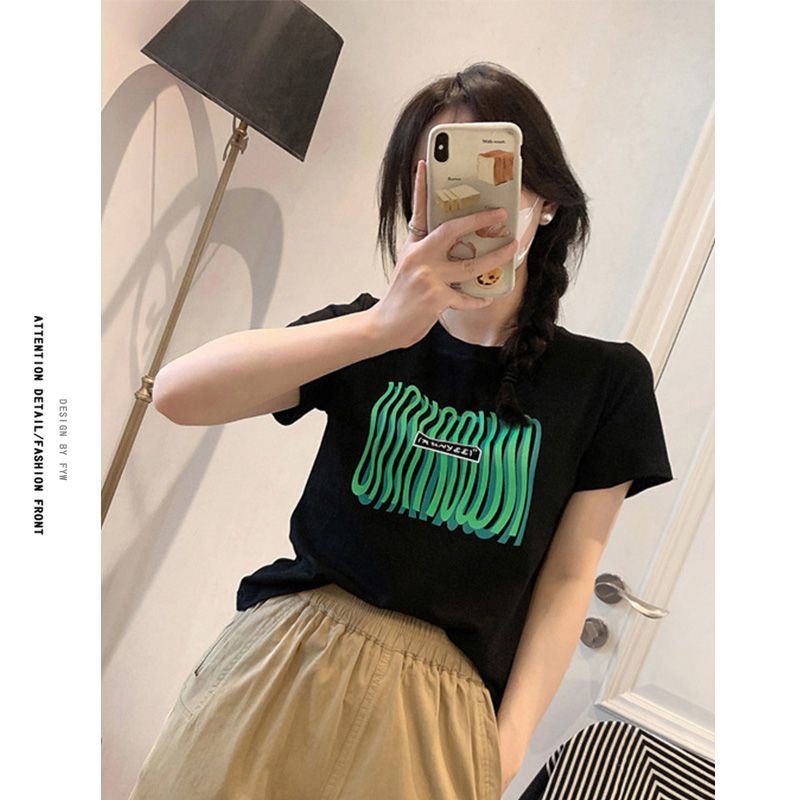 Slightly fat mm large size short-sleeved t-shirt girls summer t-shirt self-cultivation thin printed shoulder hot girl short tops