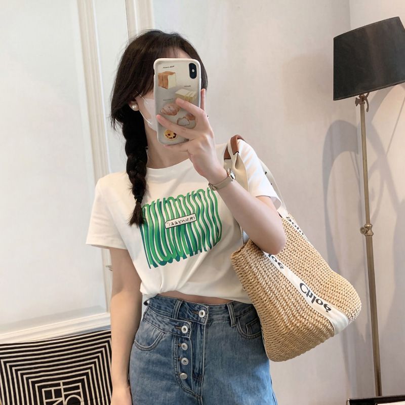 Slightly fat mm large size short-sleeved t-shirt girls summer t-shirt self-cultivation thin printed shoulder hot girl short tops