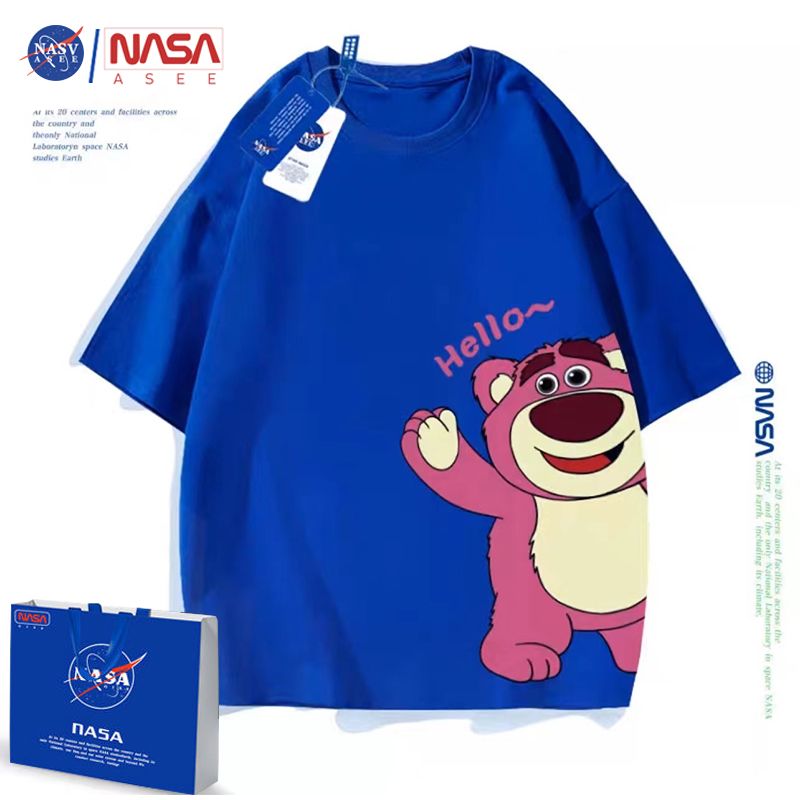 NASA joint strawberry bear cute short-sleeved parent-child couple pink T-shirt summer cotton loose men and women T-shirt trend
