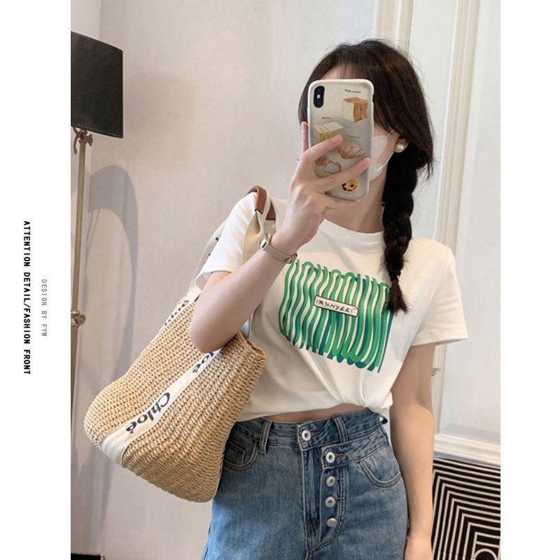 Slightly fat mm large size short-sleeved t-shirt girls summer t-shirt self-cultivation thin printed shoulder hot girl short tops