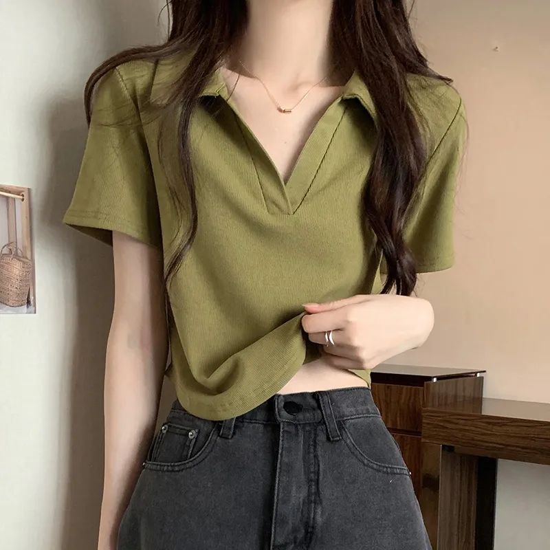 Green slim polo collar solid color niche short-sleeved T-shirt women 2023 spring and summer new European design top ins