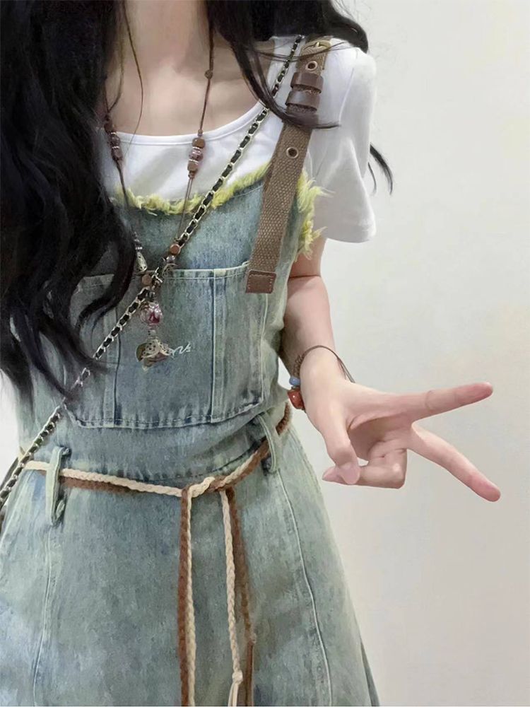 美式復古小眾流蘇毛邊收腰顯瘦牛仔背帶裙女學生+百搭短袖T恤套裝