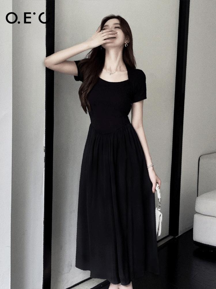 OEC方领黑色连衣裙学院风短袖修身显瘦裙子小众设计气质拼接长裙