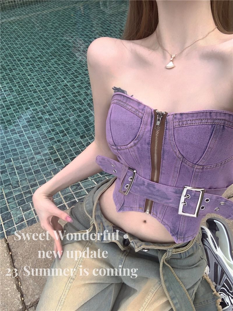 Hot girl retro denim chest vest female summer design niche ins purple corset sexy tube top