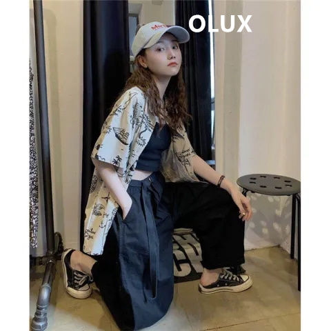 OLUX韓版港風復古怪味少女上衣夏季設計感潮流夏威夷寬鬆印花襯衣