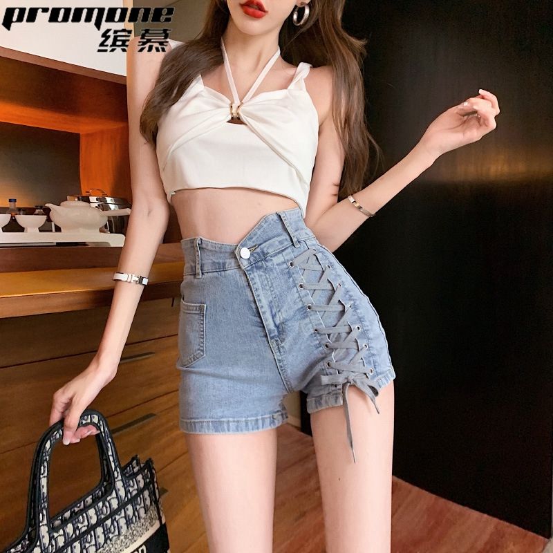 【PROMONE】Internet celebrity denim shorts for women with summer straps, high waist, slimming hot girls, a-line fashionable light-colored hot pants