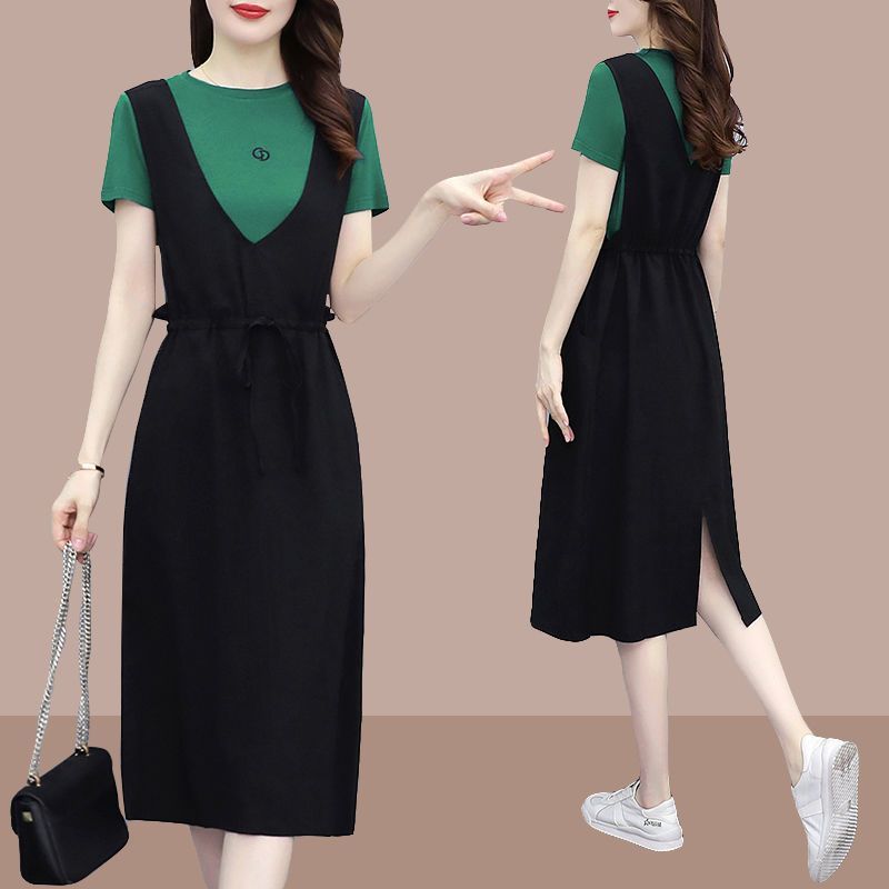 2023 summer new large size women's clothing fat mm color matching letter round neck Korean version loose fake two-piece a-line dress