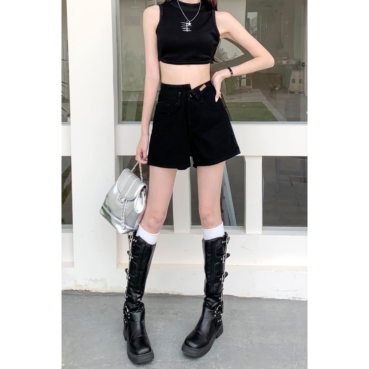[PROMONE] High-waisted black denim shorts for women in summer new style irregular a-line loose slimming pants for women
