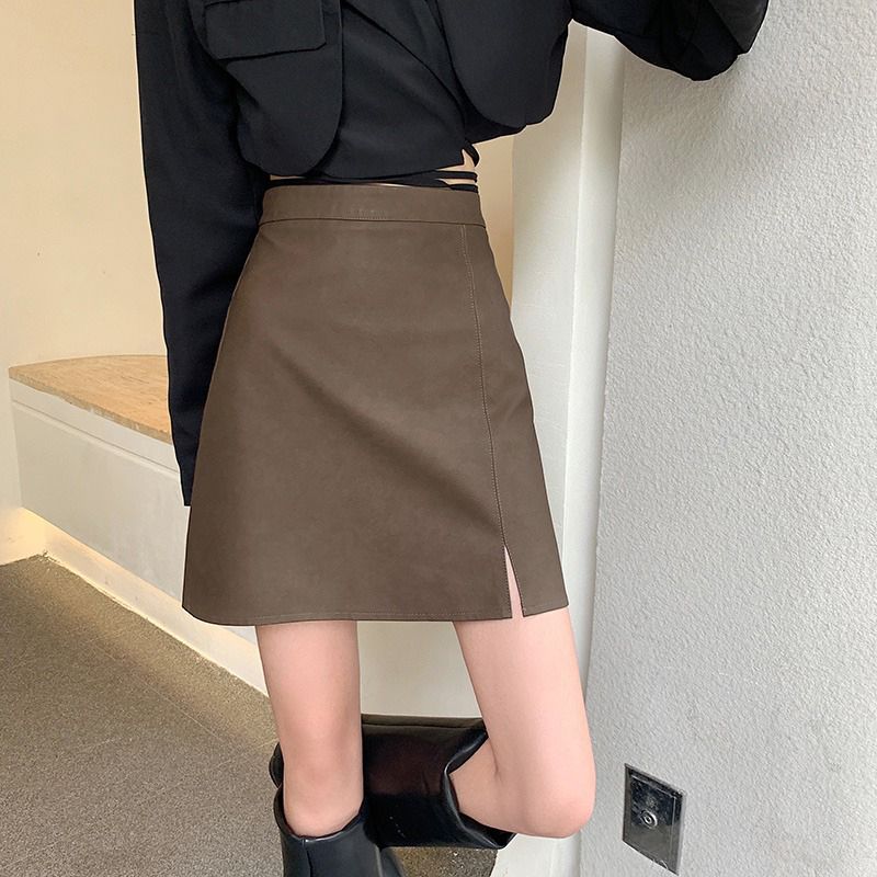 Large size fat sister pu skirt high waist leather skirt slit skirt female summer slim cover belly a word bag hip skirt