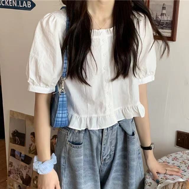 夏季新款2023荷葉邊短款短袖襯衫女高腰可鹽可甜泡泡袖