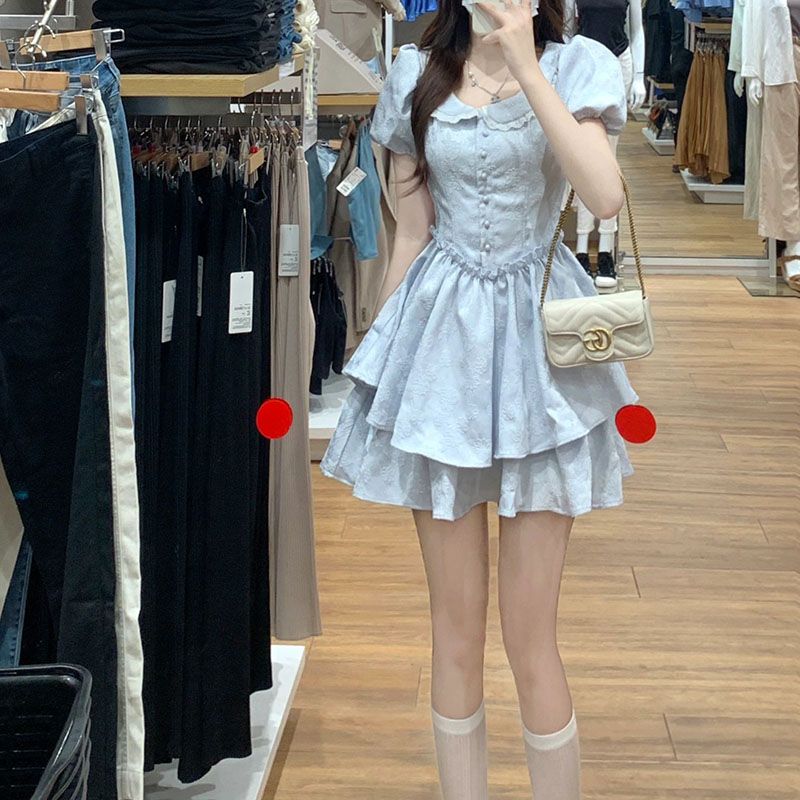 纯欲甜辣风娃娃领蓬蓬连衣裙女学生夏季韩版收腰显瘦超仙公主短裙