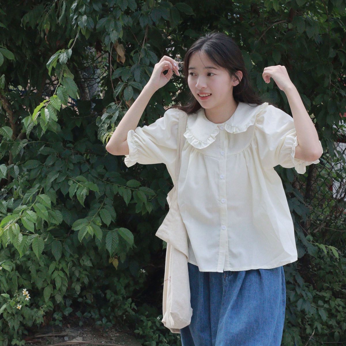 學院風娃娃領甜美襯衫短袖2023夏季新款小個子超仙寬鬆百搭上衣女