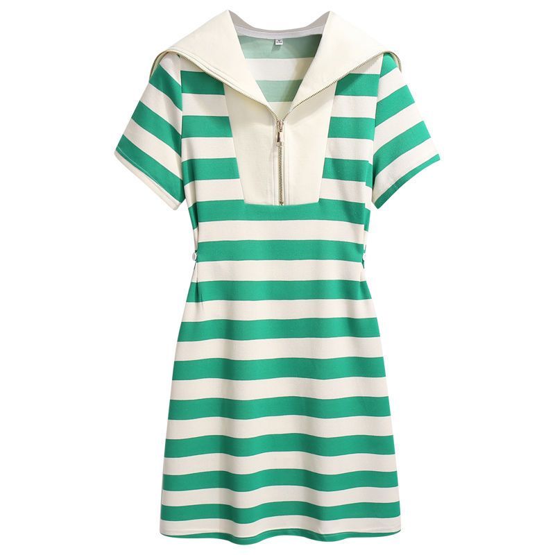 Large size new national style navy collar green striped T-shirt dress women's summer waist waist casual fat mm skirt