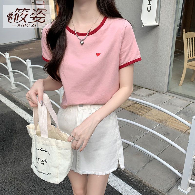 筱姿正肩短袖t恤女寬鬆百搭夏季新款設計感小眾高腰短款純棉上衣