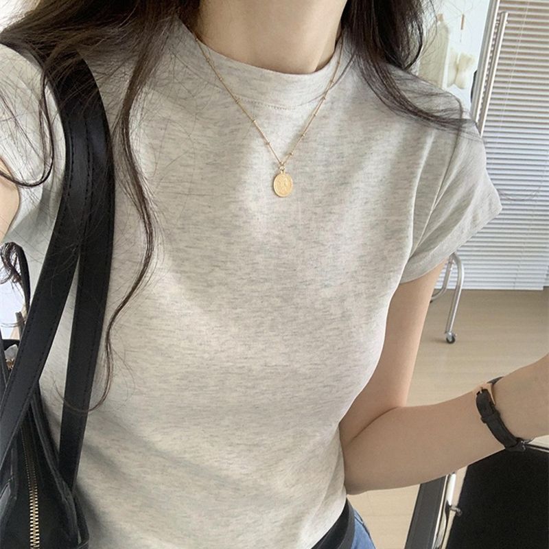 American short slim fit retro shoulder t-shirt female short-sleeved 2023 summer new Japanese and Korean style clothing niche tops i