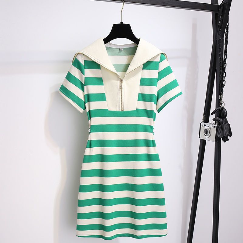 Large size new national style navy collar green striped T-shirt dress women's summer waist waist casual fat mm skirt