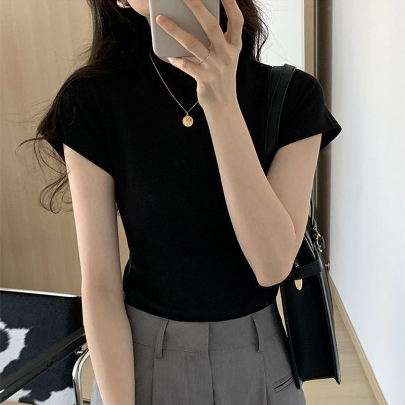 Cotton front shoulder short-sleeved t-shirt women's summer self-cultivation slim casual all-match pure desire style temperament top trend ins