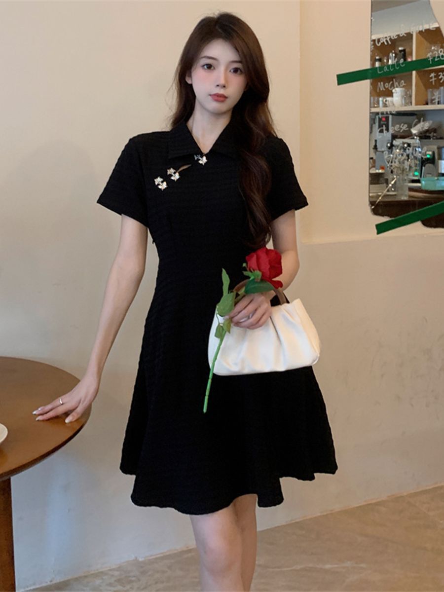 Slightly fat mm summer plus-size women's clothing, foreign style, age reduction, pure desire to shrink the waist and look thin, Chinese style a-line skirt to cover the meat dress