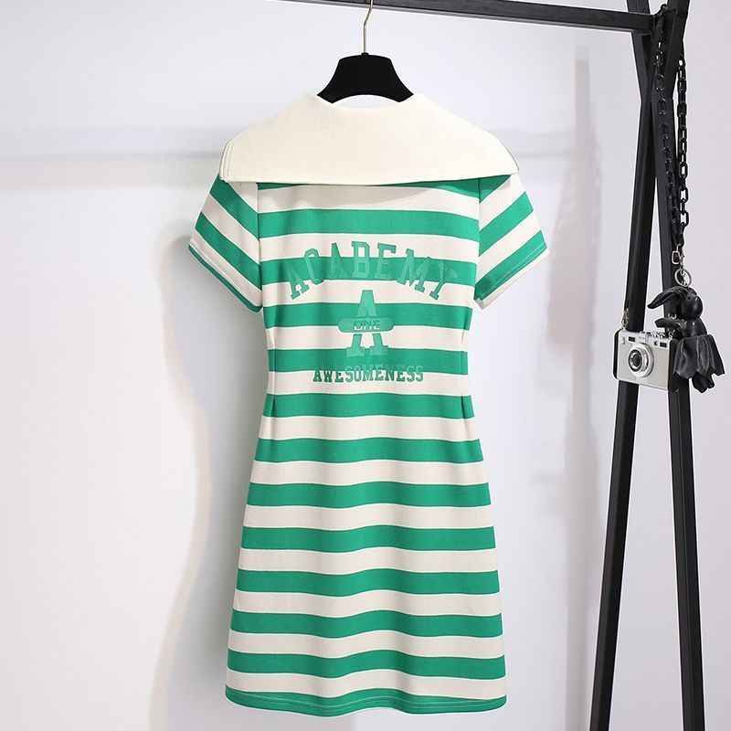 Large size new national style navy collar green striped T-shirt dress women's summer waist waist casual fat mm skirt