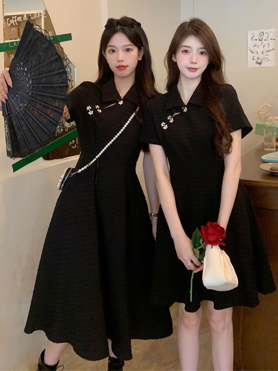 Slightly fat mm summer plus-size women's clothing, foreign style, age reduction, pure desire to shrink the waist and look thin, Chinese style a-line skirt to cover the meat dress