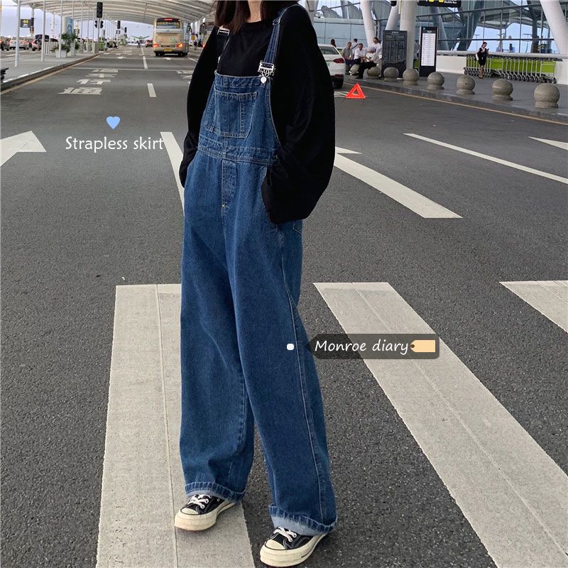 藍色高腰牛仔背帶褲女夏季復古寬鬆直筒顯高闊腿拖地褲子高腰顯瘦