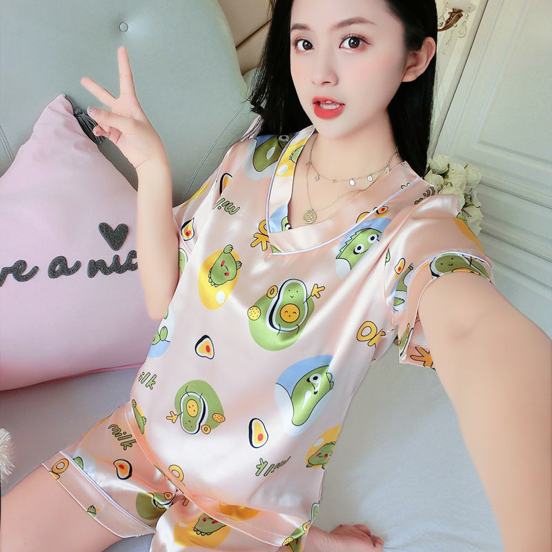 Ice silk pajamas women's summer short-sleeved new imitation silk cute student thin section large size ladies home service two-piece set