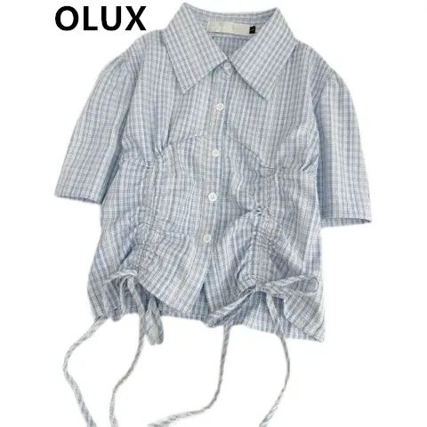 OLUX夏季新款美式甜美蓝条条纹抽绳短袖衬衫显瘦修身可调节上衣女