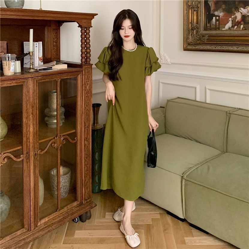 Slightly fat sister large size h-shaped green thin casual skirt female puff sleeve retro Hong Kong style dress summer women's clothing