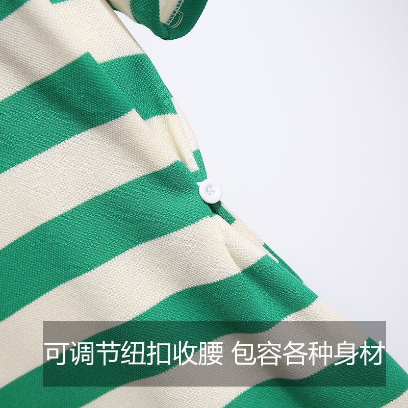 Large size new national style navy collar green striped T-shirt dress women's summer waist waist casual fat mm skirt