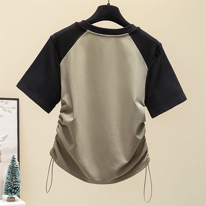 Hot girl drawstring design sense color contrast stitching short-sleeved t-shirt summer casual shoulder fat sister slim tops girls