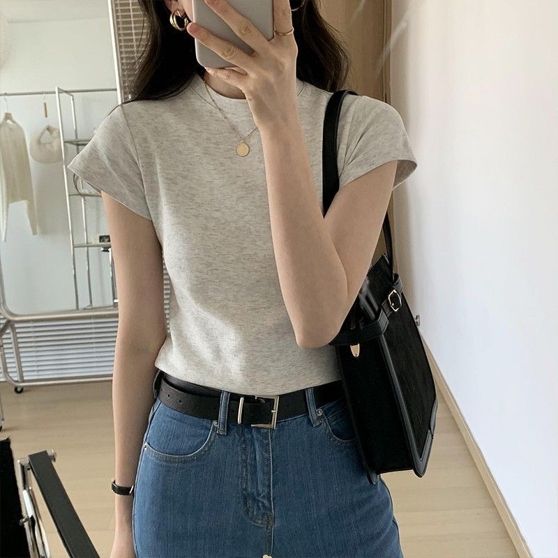 Summer women's front shoulder t-shirt women's short-sleeved half-height round neck sweet wind self-cultivation slim white bottoming white temperament ins trendy women