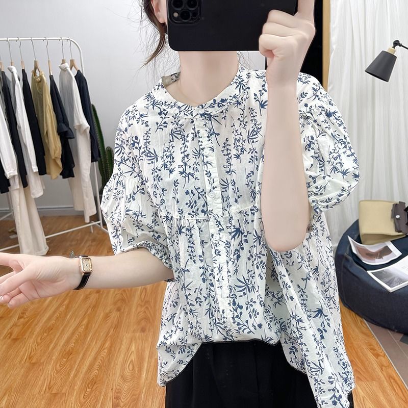 灯笼袖纯棉短袖衬衫女夏季韩系数码印花减龄上衣复古碎花上衣