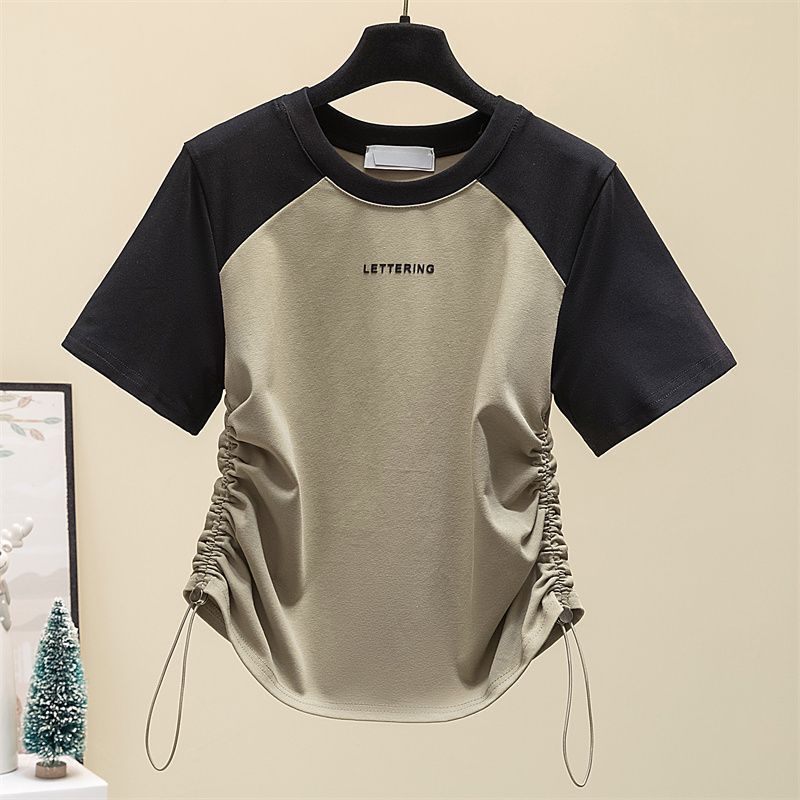 Hot girl drawstring design sense color contrast stitching short-sleeved t-shirt summer casual shoulder fat sister slim tops girls