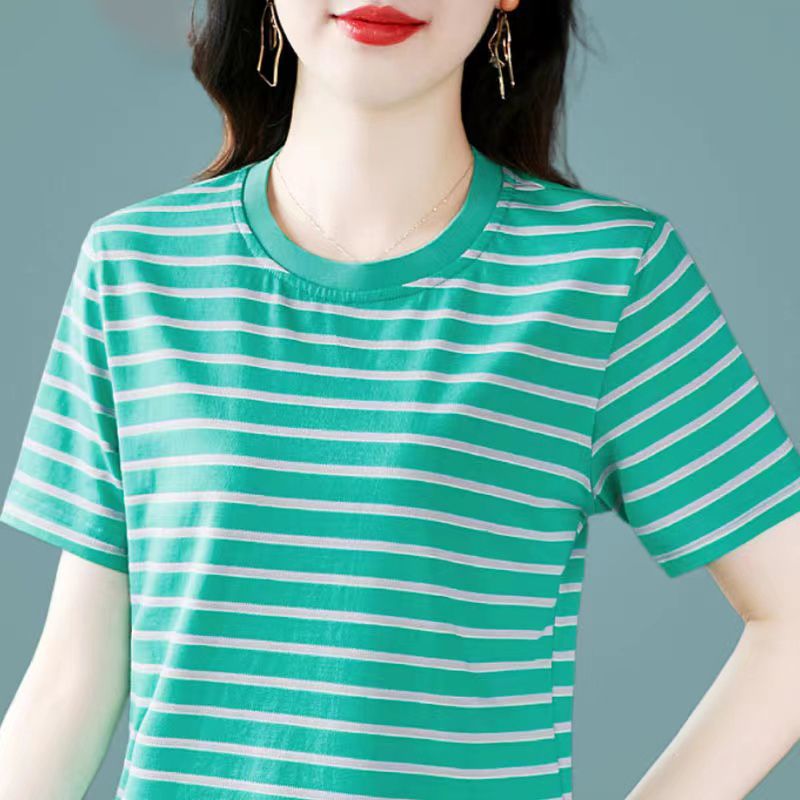 撿漏~外貿尾單大牌剪標撤櫃高檔條紋正肩圓領夏季短袖T恤女潮