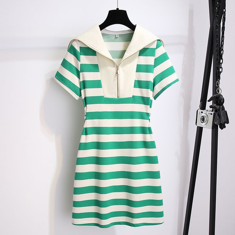 Large size new national style navy collar green striped T-shirt dress women's summer waist waist casual fat mm skirt