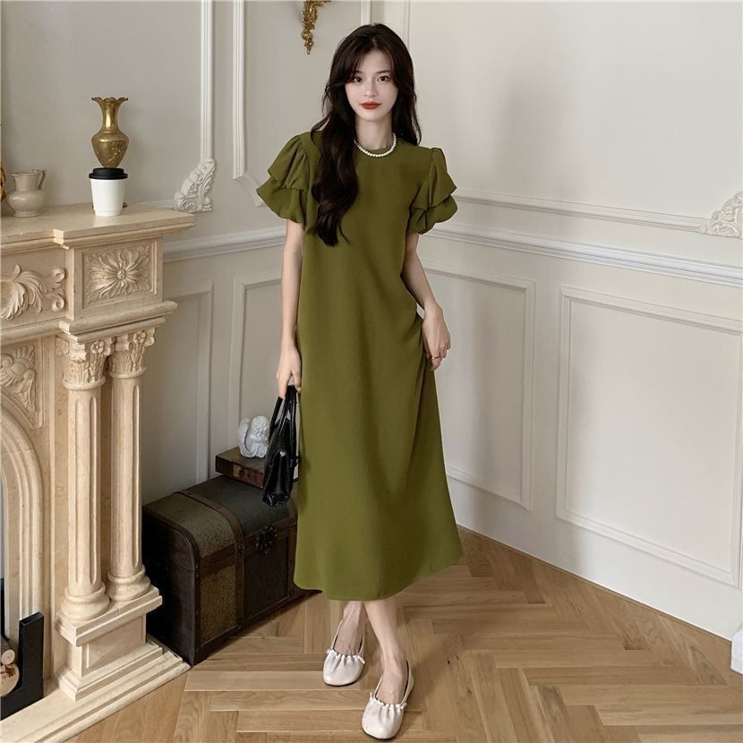 Slightly fat sister large size h-shaped green thin casual skirt female puff sleeve retro Hong Kong style dress summer women's clothing