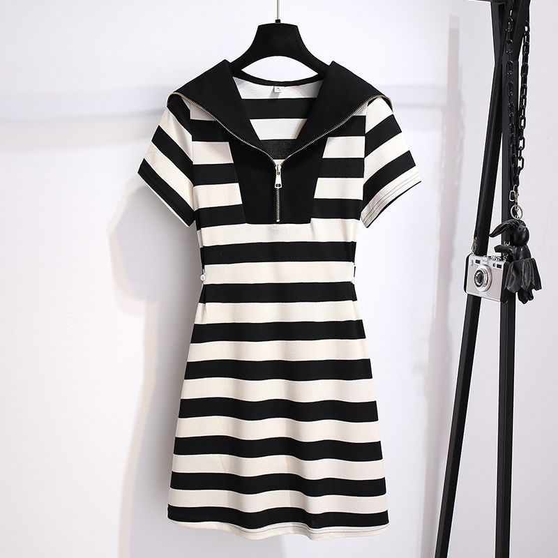 Large size new national style navy collar green striped T-shirt dress women's summer waist waist casual fat mm skirt