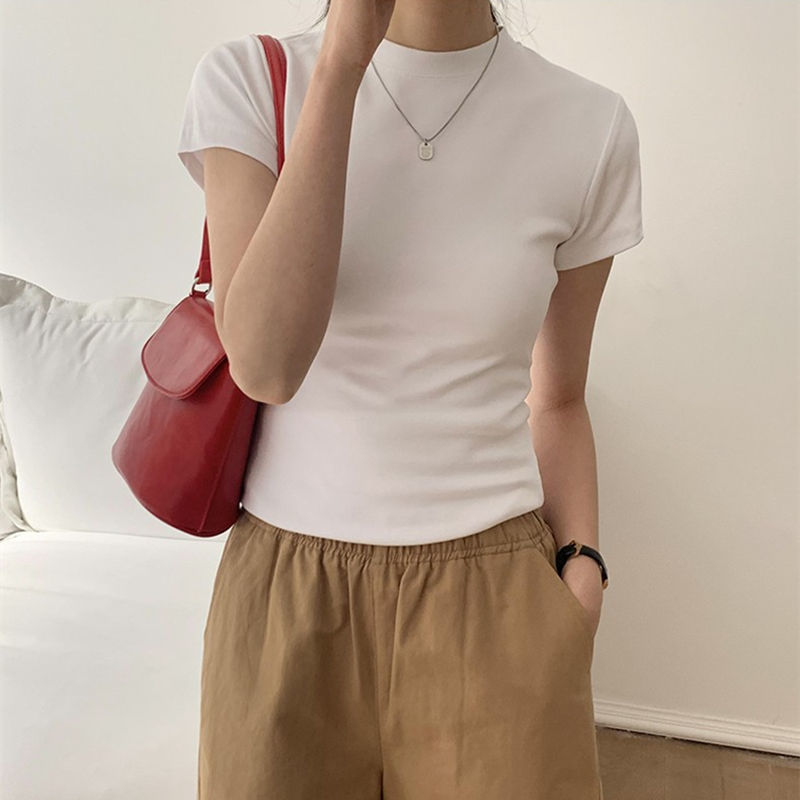 Short-sleeved t-shirt women's summer ins trend 2023 new self-cultivation slimming minority front shoulder pure cotton French inner top Korean