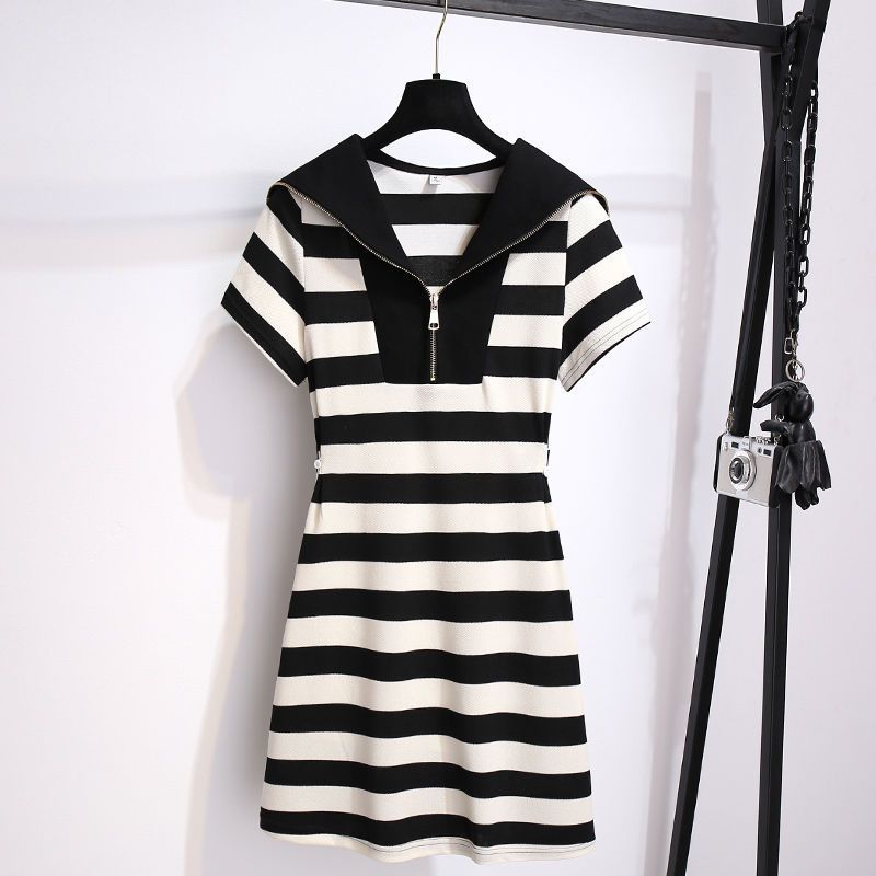 Large size new national style navy collar green striped T-shirt dress women's summer waist waist casual fat mm skirt