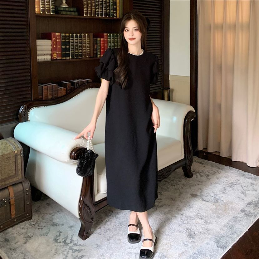 Slightly fat sister large size h-shaped green thin casual skirt female puff sleeve retro Hong Kong style dress summer women's clothing