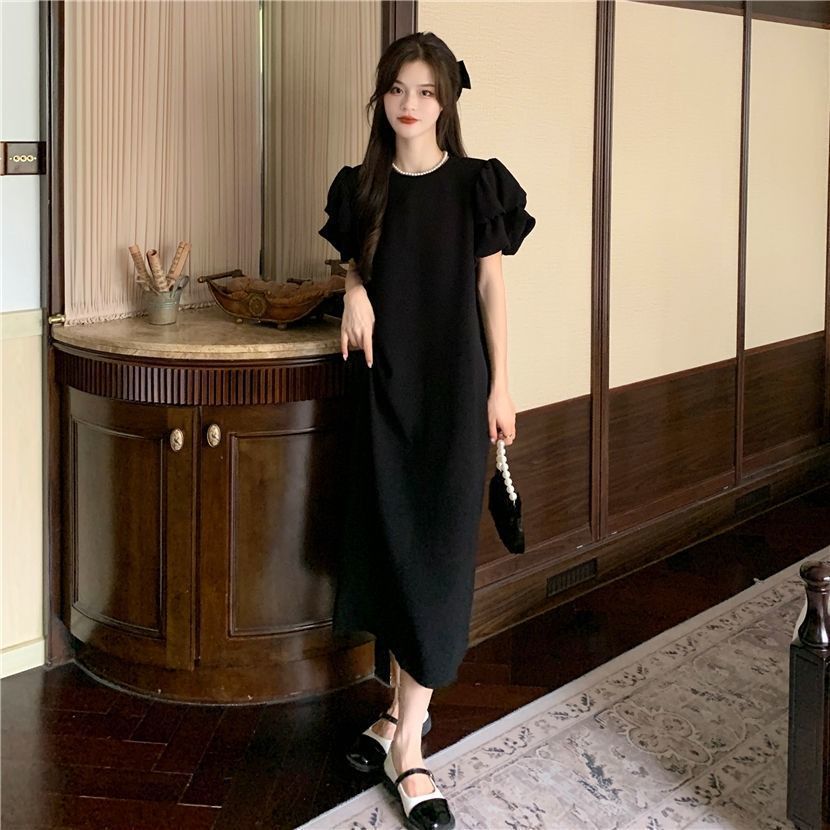 Slightly fat sister large size h-shaped green thin casual skirt female puff sleeve retro Hong Kong style dress summer women's clothing